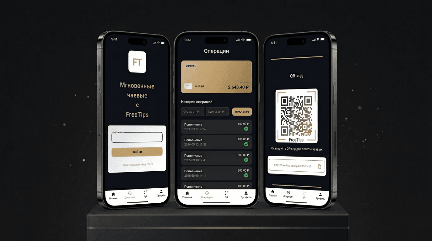 Три экрана приложения FreeTips: вход по API-ключу, история операций и QR для приёма чаевых